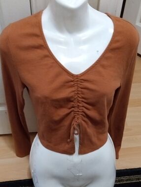 $2DOLLARS>>>>Garage Rust Drawstring V-Neck Cropped Long Sleeve Top
